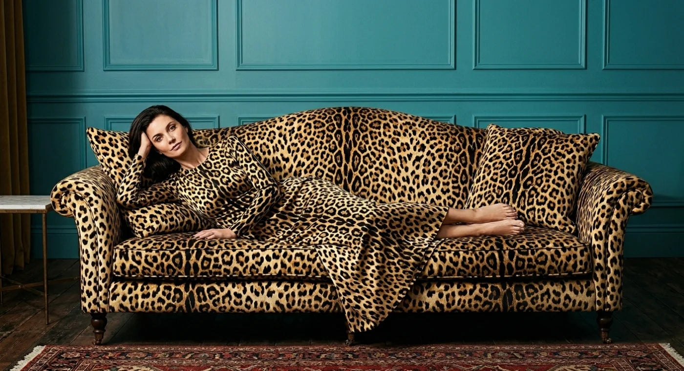 Woman lying on a leopard print sofa against a teal wall.